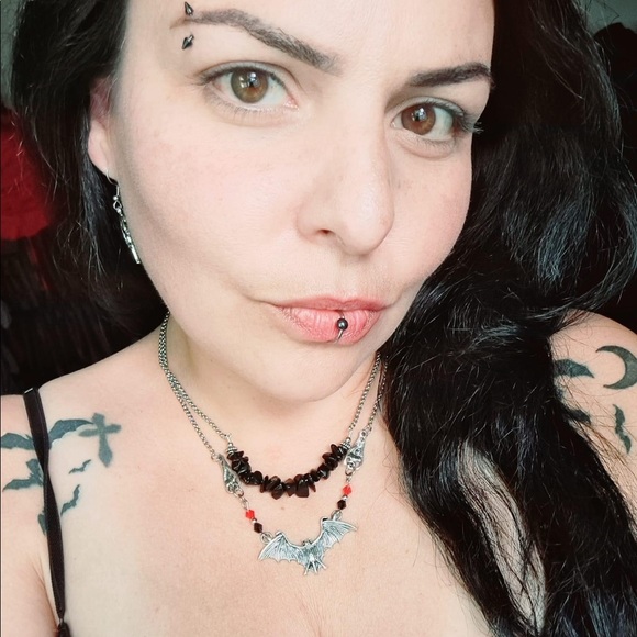 Silver Bat choker necklace . Double layer onyx chips & bats Handmade goth boho - Picture 7 of 16